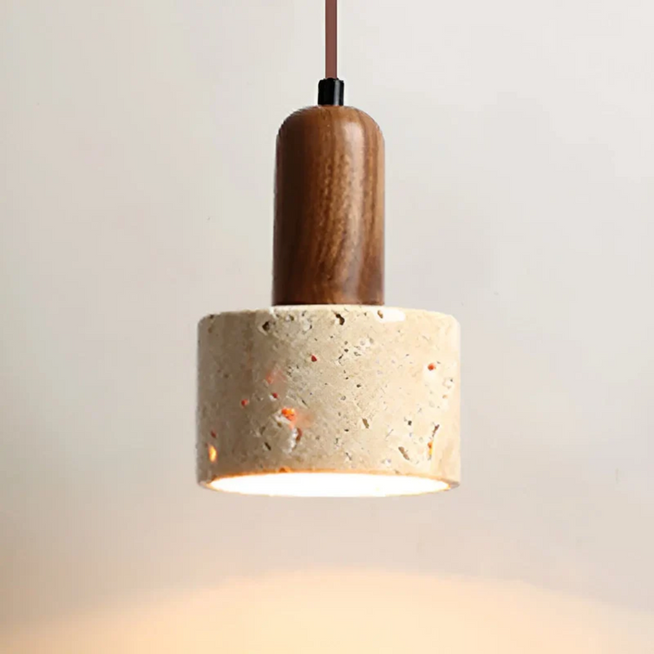 Elegant Wabi-Sabi ceiling lamp. Modern Japanese design with natural wood & travertine, casting a tranquil glow.