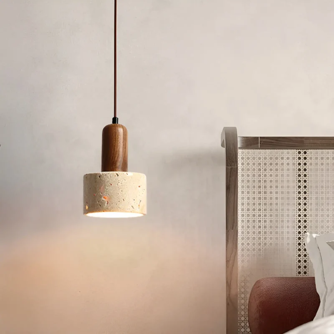 Wabi-Sabi ceiling lamp in natural wood & travertine. Perfect home interior lighting with a minimalist, tranquil design.
