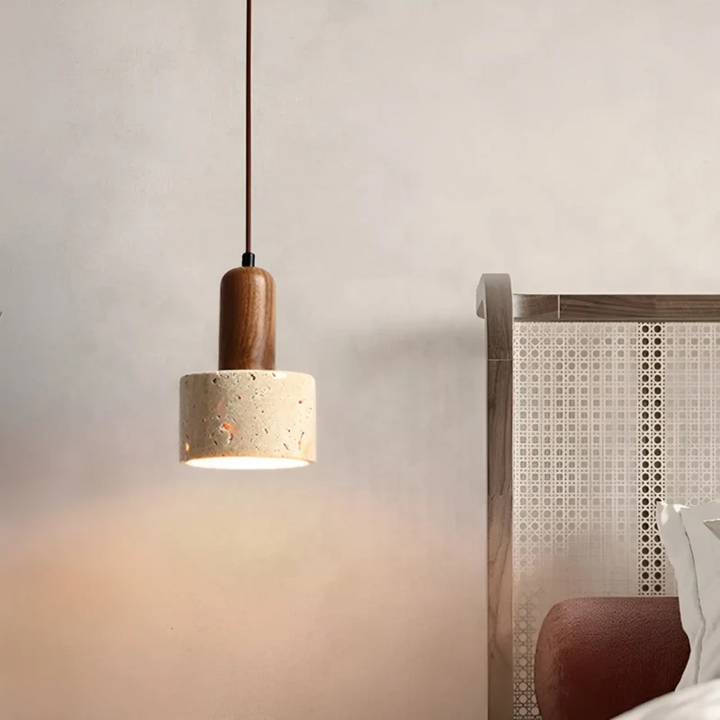 Wabi-Sabi ceiling lamp in natural wood & travertine. Perfect home interior lighting with a minimalist, tranquil design.