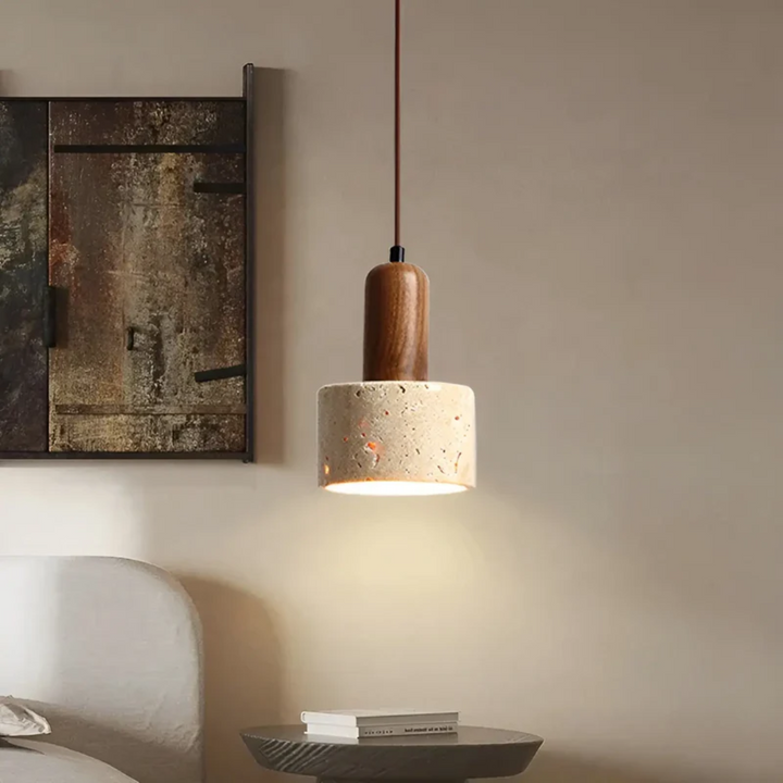 Handcrafted Wabi-Sabi ceiling lamp. Organic Japanese design, natural wood, and travertine for peaceful home decor.