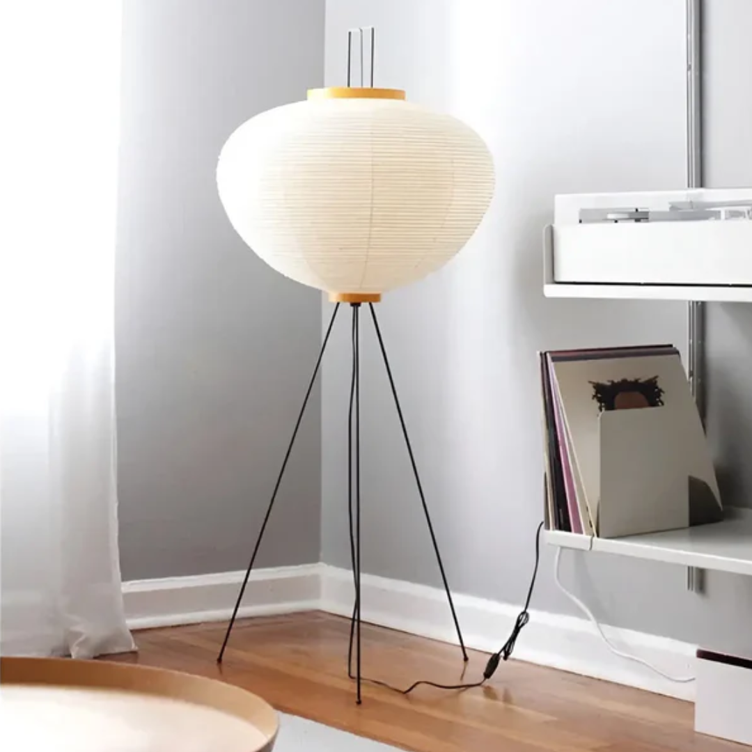 Japanese Wabi-Sabi rice paper LED floor lamp, ZenAura, for minimalist home decor & ambient lighting.
