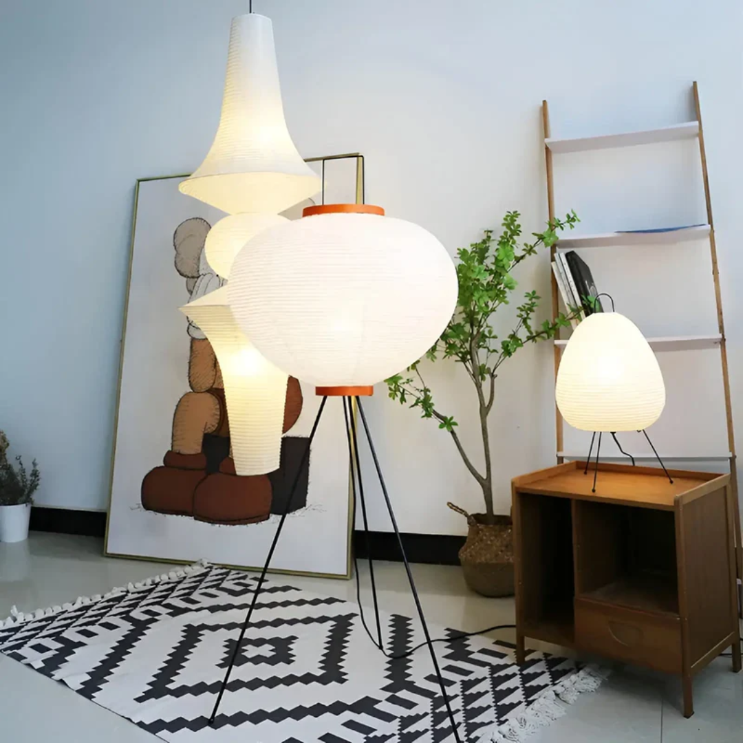 Close-up of a Wabi-Sabi rice paper LED floor lamp showcasing its natural texture for serene Japanese decor.