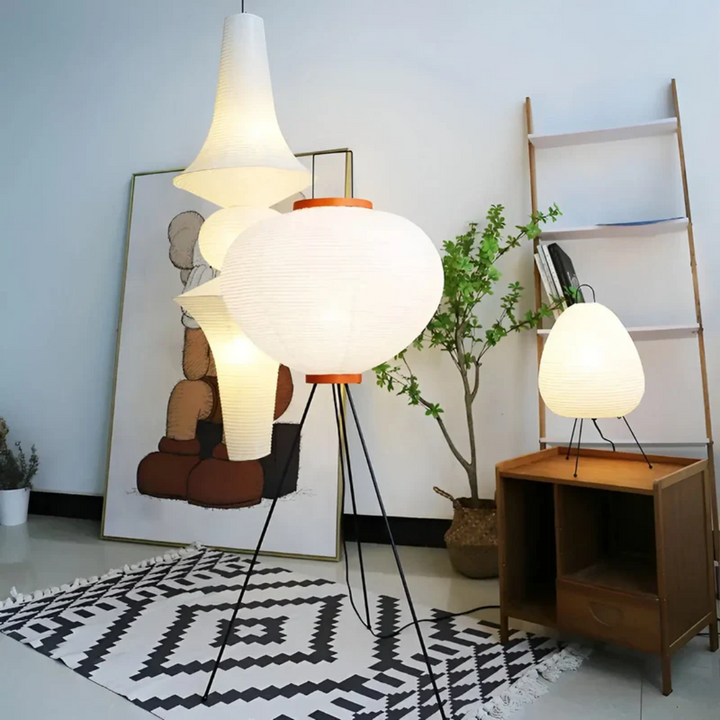 Close-up of a Wabi-Sabi rice paper LED floor lamp showcasing its natural texture for serene Japanese decor.
