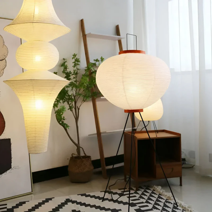 Elegant Japanese style Wabi-Sabi rice paper LED floor lamp, a tall standing fixture for minimalist home decor.