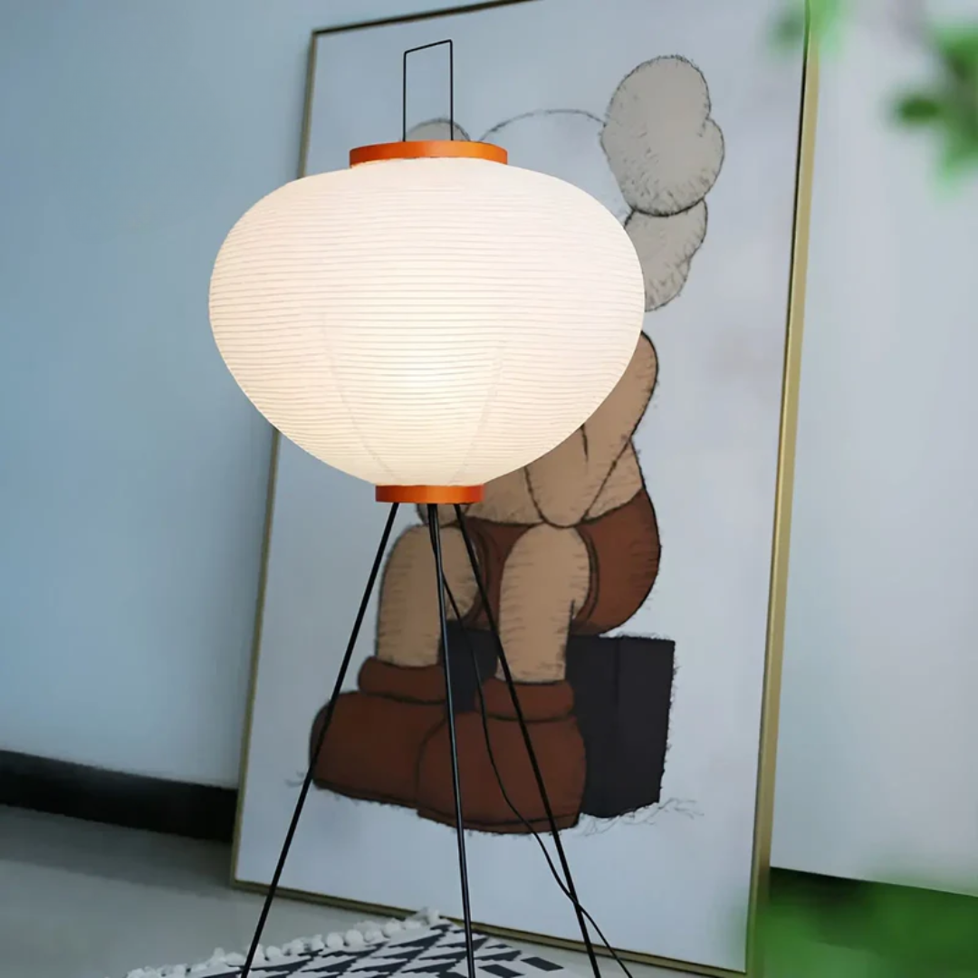 Unlit Wabi-Sabi rice paper LED floor lamp, a Japanese style decor piece adding minimalist charm to a space.