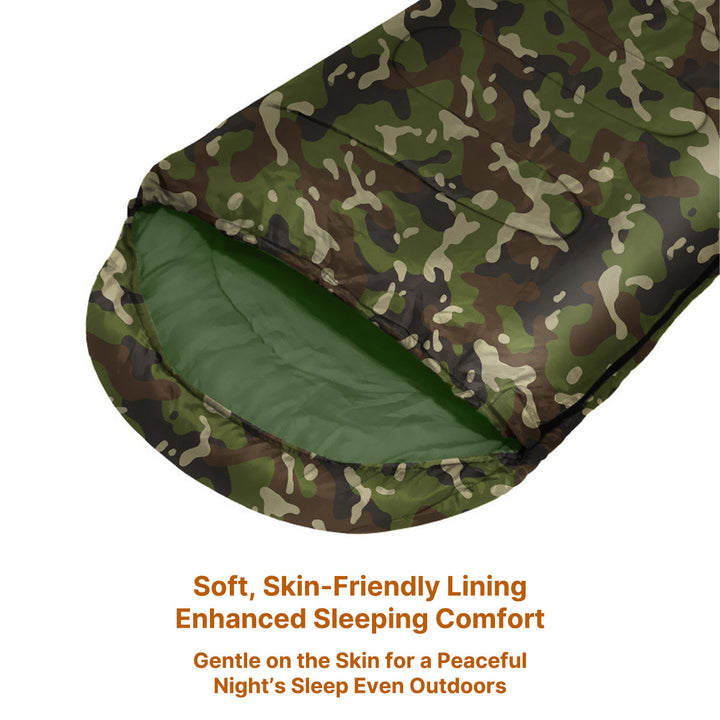Camo sleeping bag for camping and hunting, unzipped, revealing soft warm interior lining