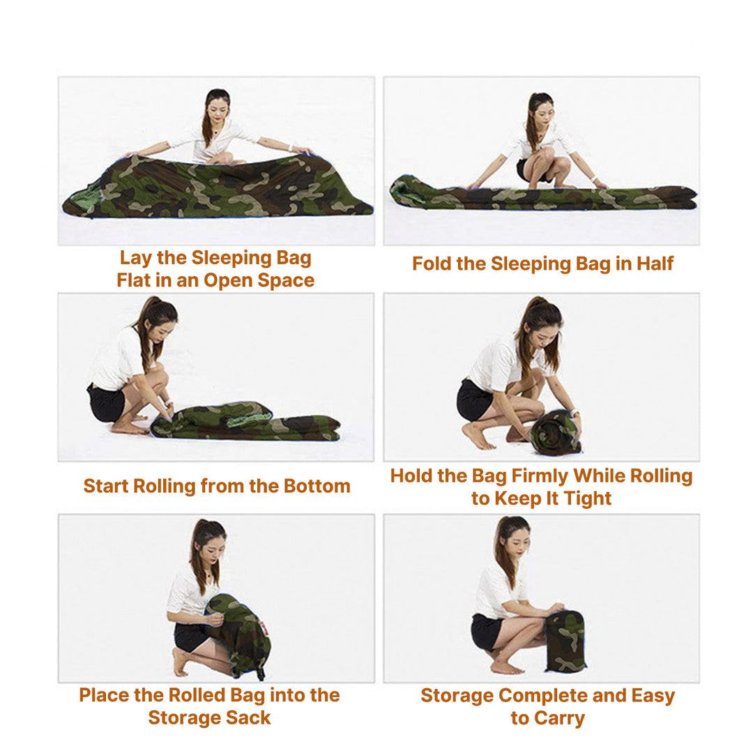 High-performance cold weather jungle camo sleeping bag in use in a snowy winter camping scene