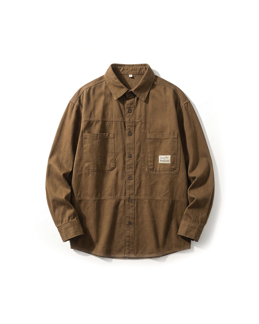 Khaki men's durable craftsman button-up work shirt. Rugged style, perfect for workwear & casual comfort.