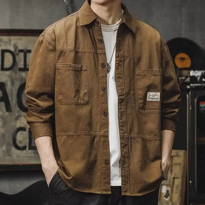 Army green men's durable craftsman button-up work shirt. Tough & stylish workwear for rugged casual looks.