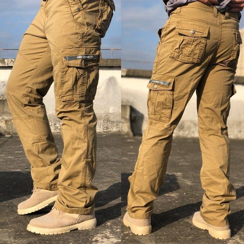 Khaki men's outdoor tactical cargo work pants, durable cotton, multiple pockets for utility and hiking
