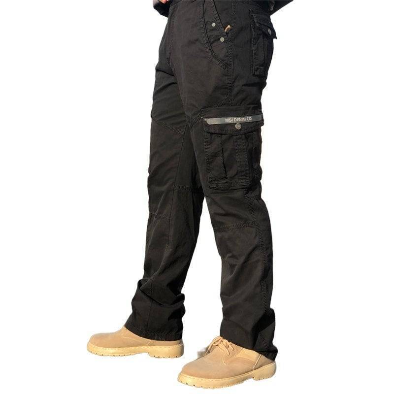 Black men's durable cotton cargo pants, ideal workwear & outdoor apparel with versatile utility pockets