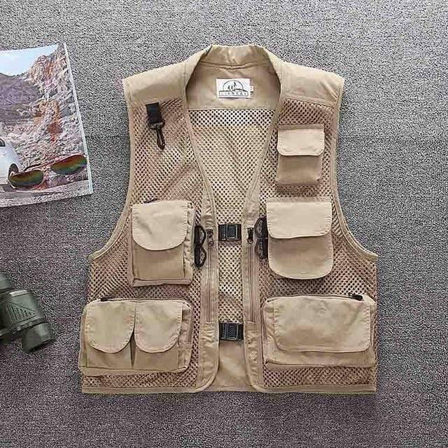 Person adjusting a multi-pocket fishing or hunting vest, highlighting adjustable straps