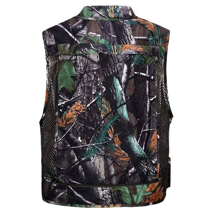 Close-up of durable polyester multi-pocket fishing vest with various size compartments