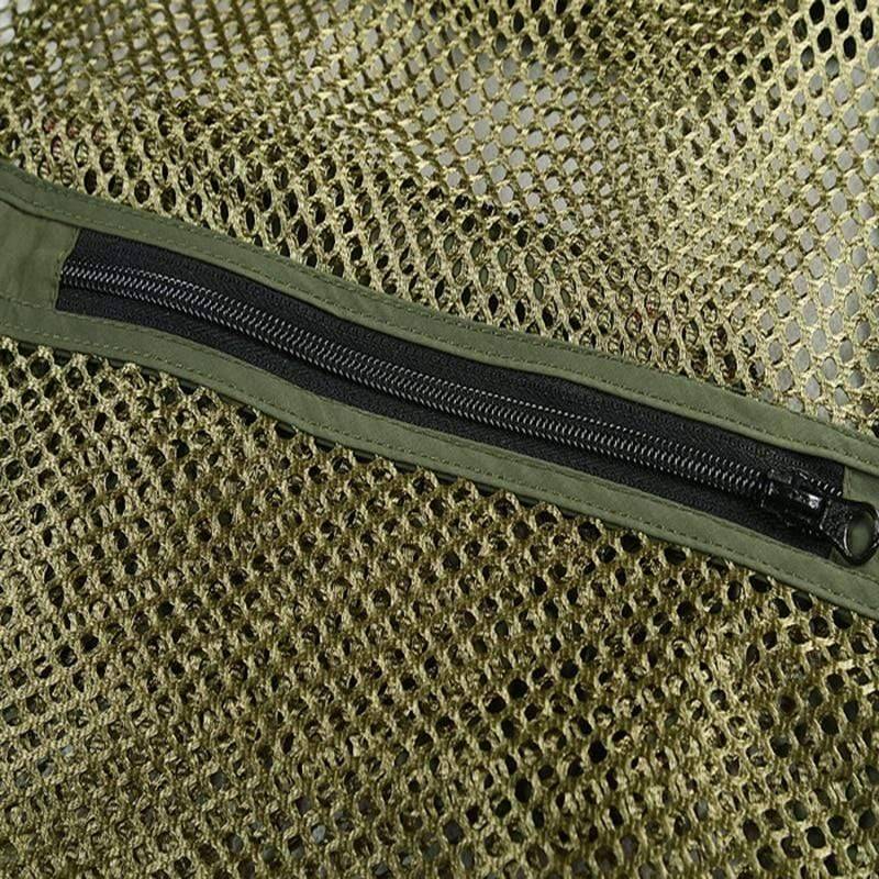 Back view of a breathable multi-pocket fishing and hunting vest for outdoor enthusiasts