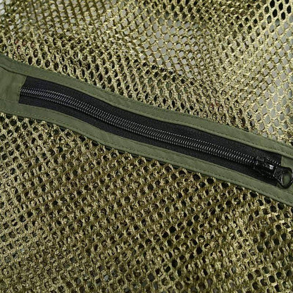 Back view of a breathable multi-pocket fishing and hunting vest for outdoor enthusiasts