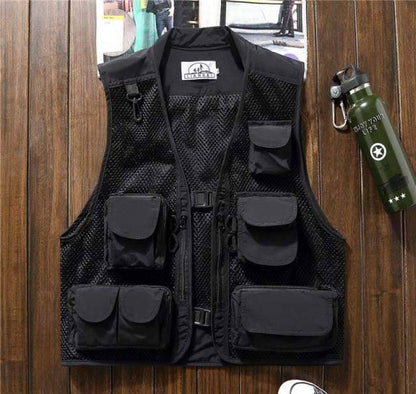 Lightweight sleeveless polyester vest with many pockets, perfect for fishing & adventure