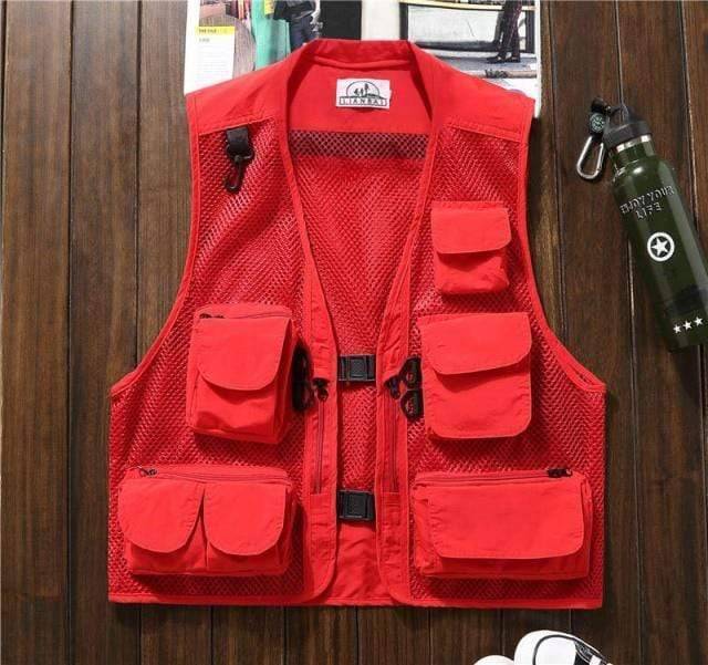 Side view of a multi-pocket outdoor vest, showcasing its functional and spacious design