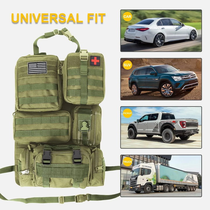 Khaki tactical backseat Molle organizer bag for vehicle, durable nylon storage for car essentials