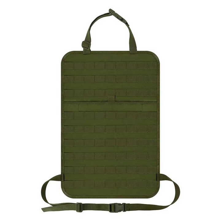 Array of elastic loops and pockets on a green tactical Molle vehicle organizer for diverse gear