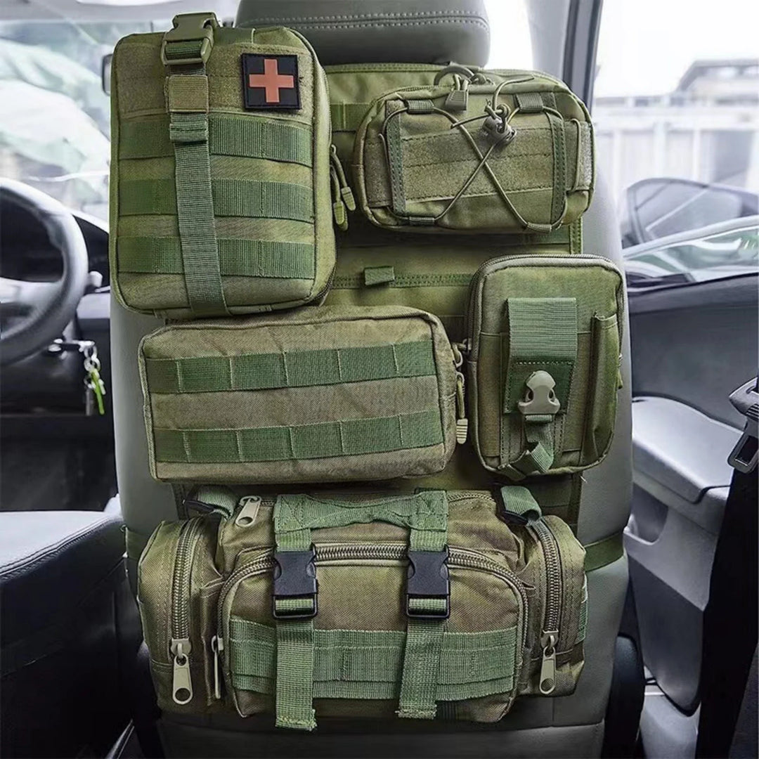 Black tactical backseat Molle organizer, vehicle accessory for organized car interior, travel gear