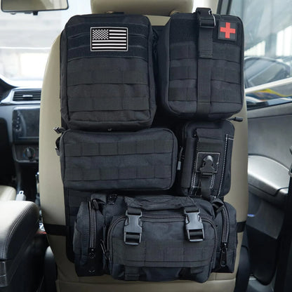 Green tactical Molle car seat organizer, rugged nylon storage for vehicle tidiness, outdoor gear