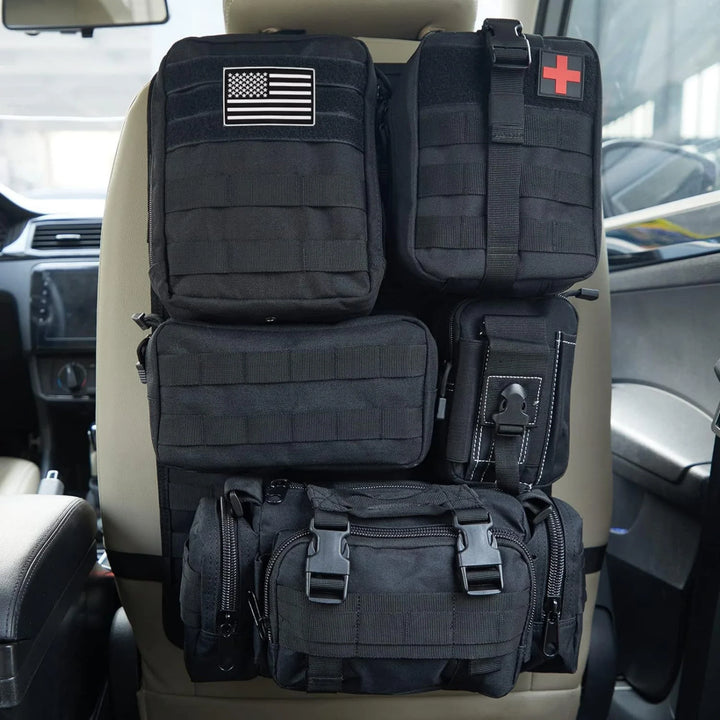 Green tactical Molle car seat organizer, rugged nylon storage for vehicle tidiness, outdoor gear