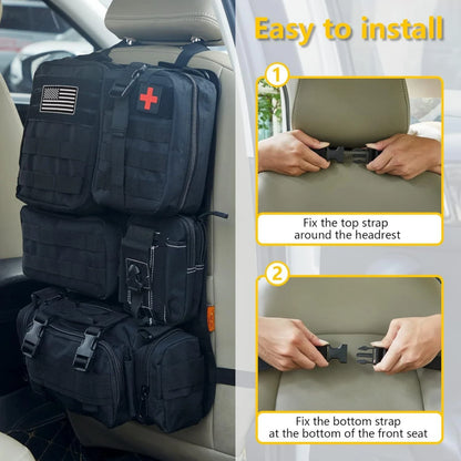 Tactical vehicle backseat organizer bag, large main compartment for car storage, khaki color