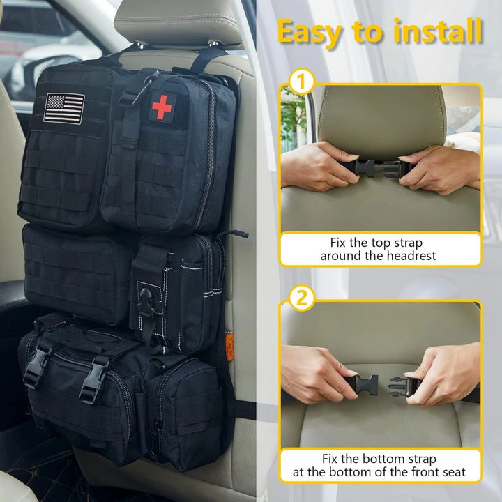 Tactical vehicle backseat organizer bag, large main compartment for car storage, khaki color