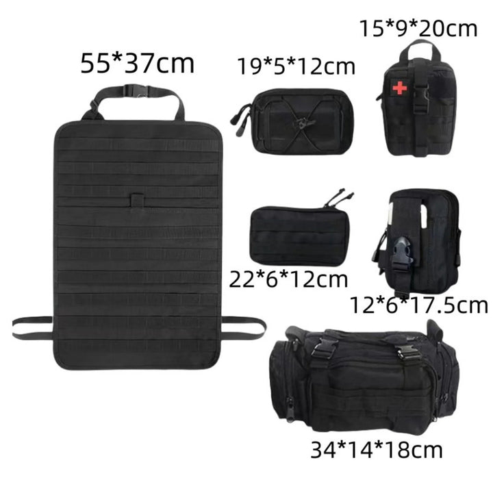 Molle system car seat back organizer, black nylon with pouches, neat storage for travel essentials