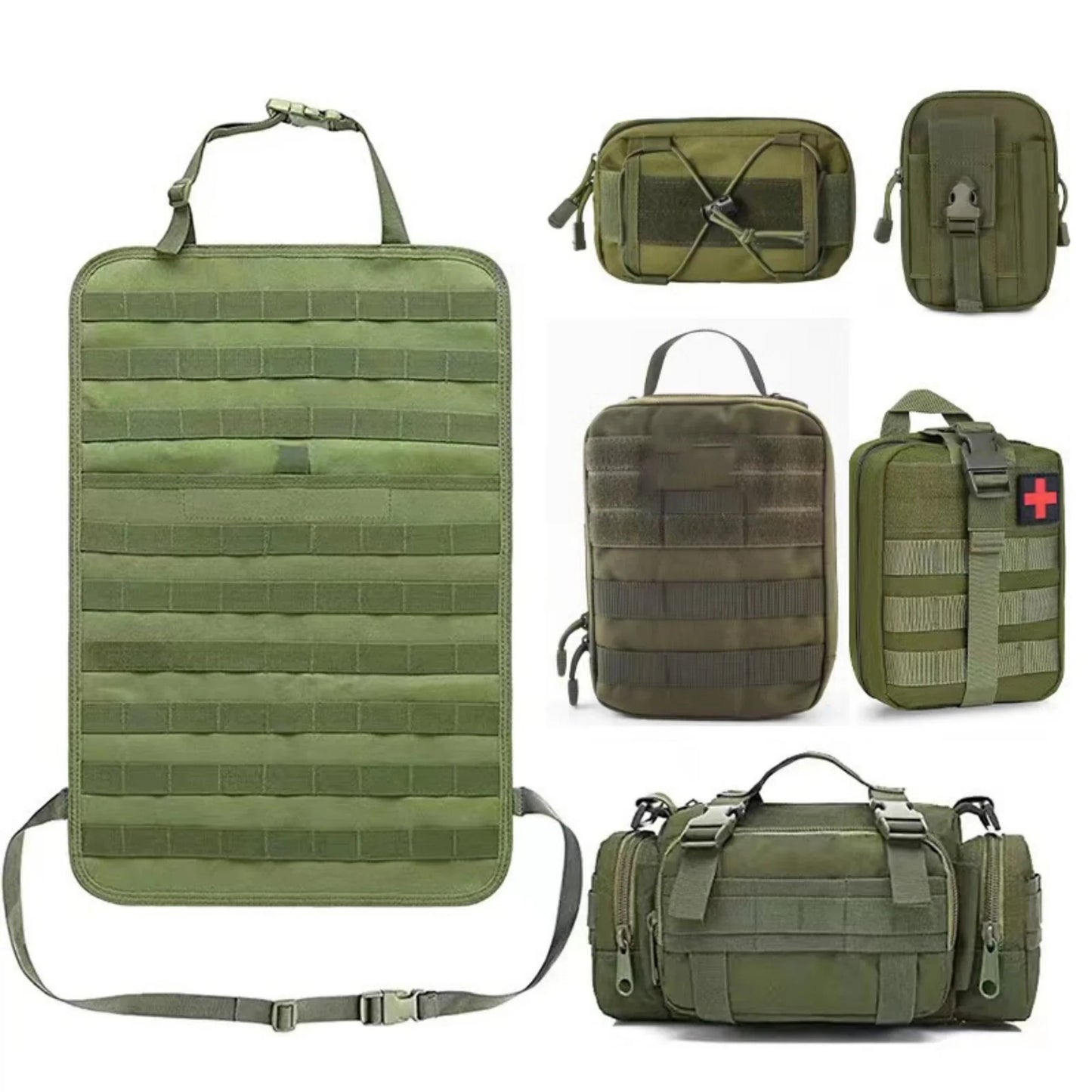 Green tactical backseat Molle panel with various attachments, perfect car interior organization