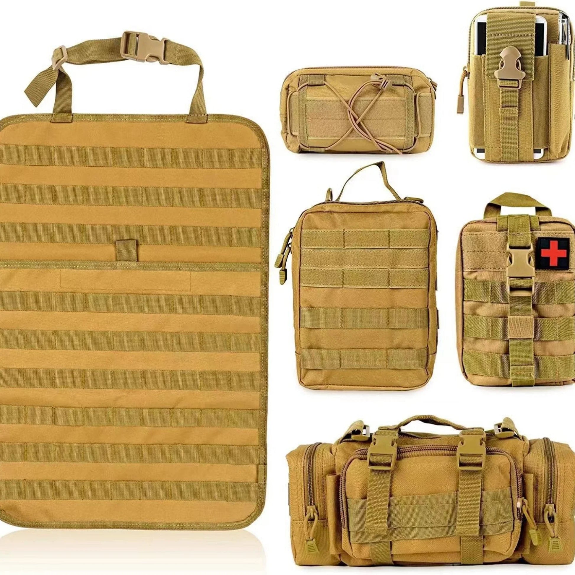 Detailed view of a khaki tactical Molle vehicle organizer, strong stitching for heavy-duty use
