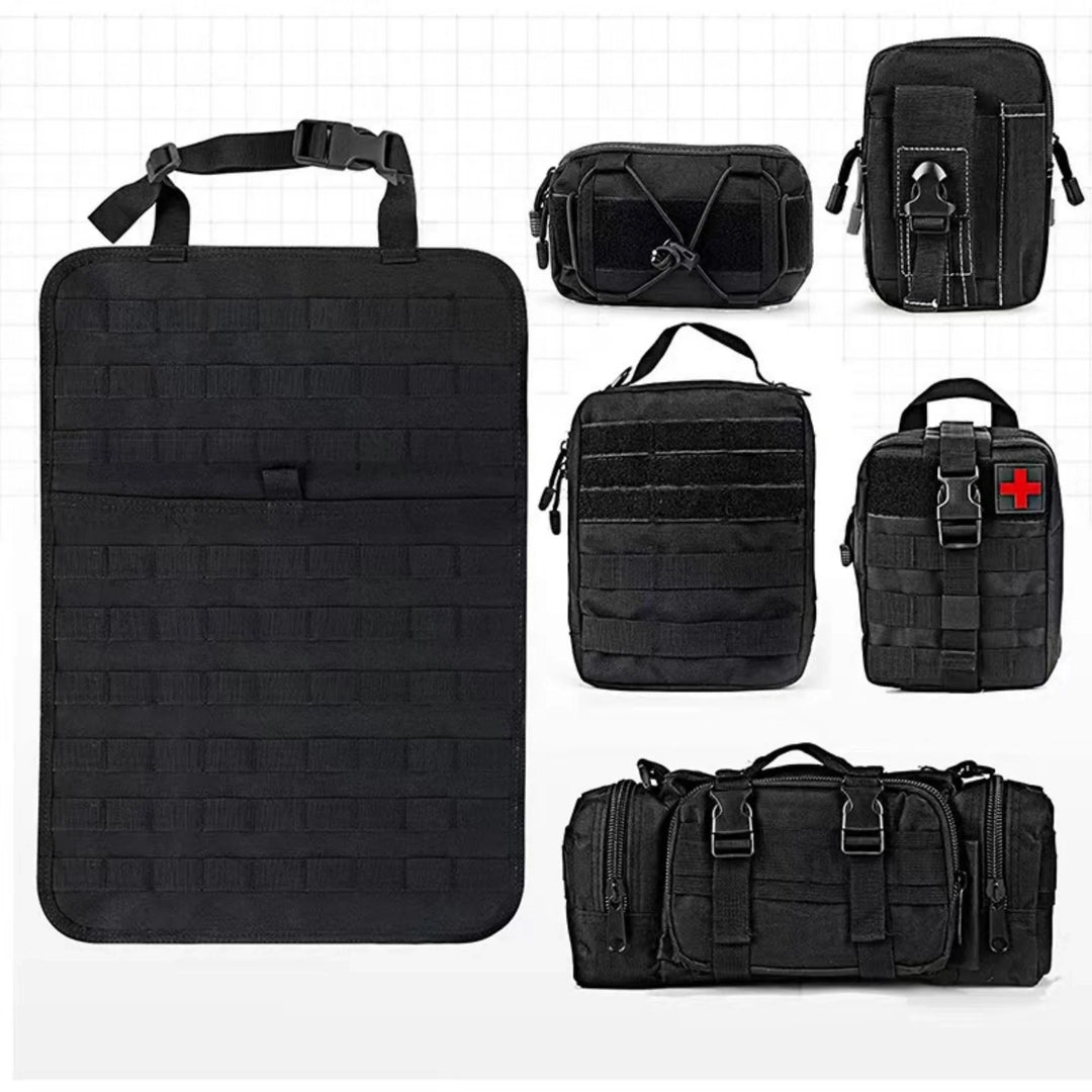 Black tactical backseat organizer showing quick-release buckles for easy installation in car