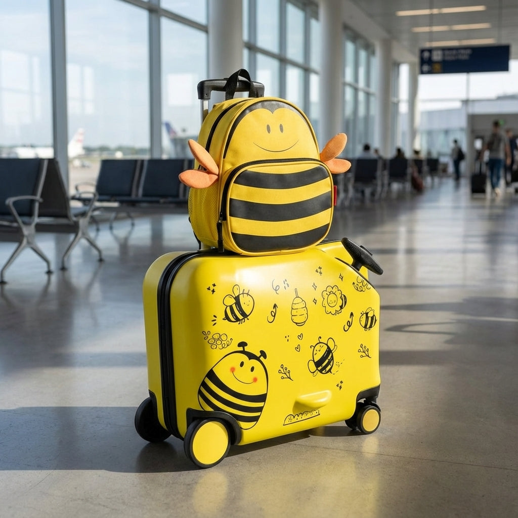 Kids' 2-in-1 ride-on suitcase and backpack set for easy family travel. Durable children's luggage for toddlers.