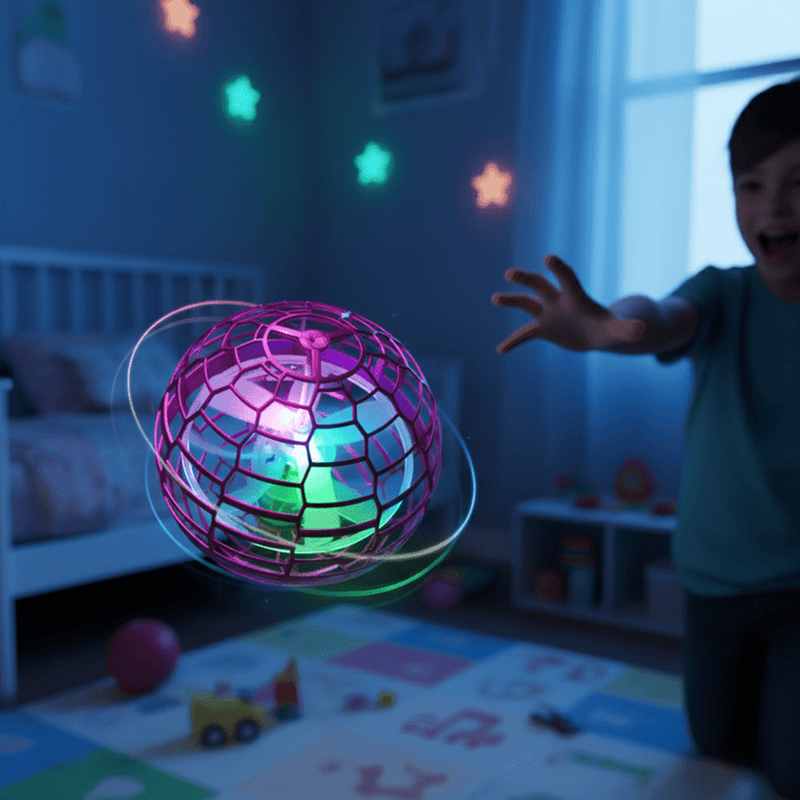 Kids' 360° flying gyroscope toy with dynamic LED lights for indoor/outdoor fun.