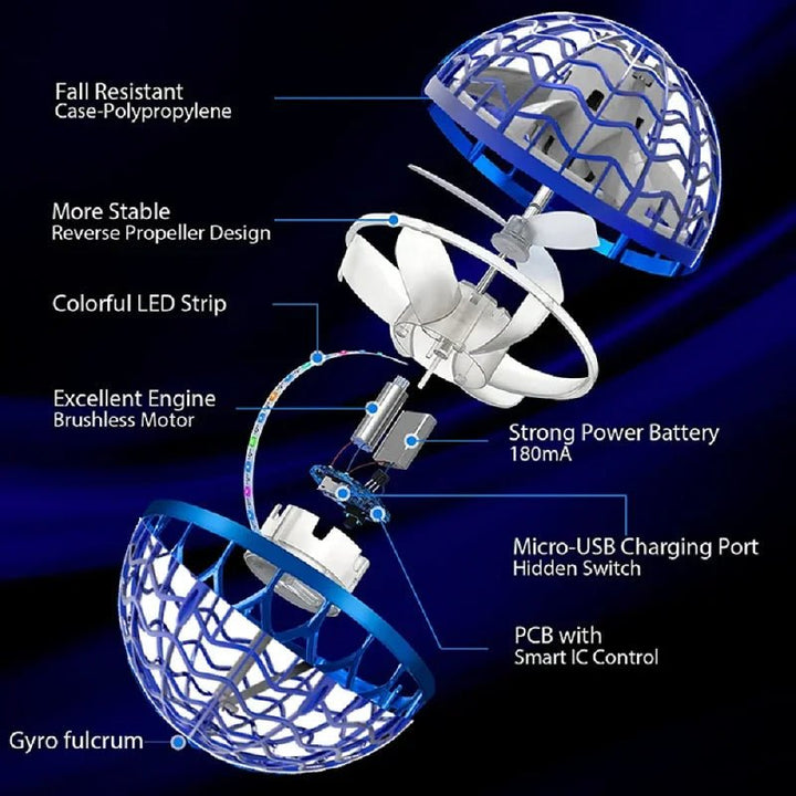 Durable indoor/outdoor flying gyroscope for kids, with dazzling dynamic LED lights.