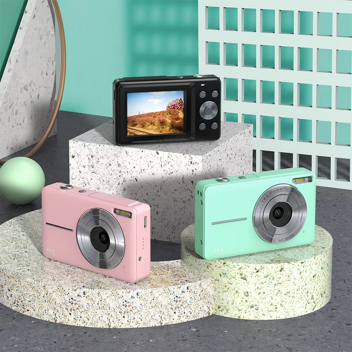 Portable digital camera for kids, featuring 44MP sensor & 1080p video, ideal for outdoor fun.