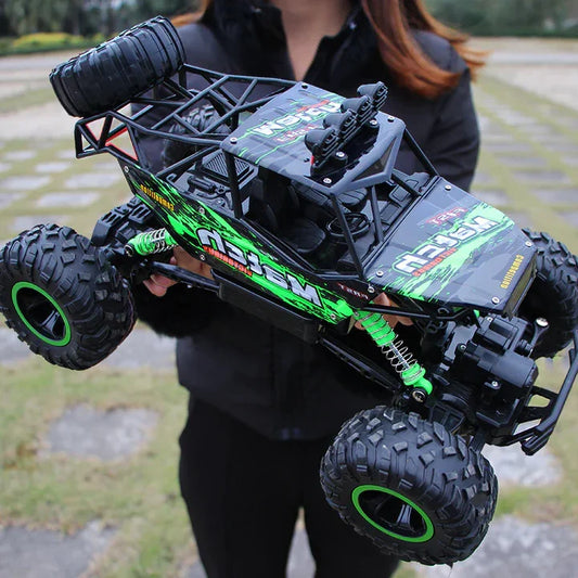 Kids' 4WD RC Off-Road Monster Truck in action, speeding over rough terrain with remote control.