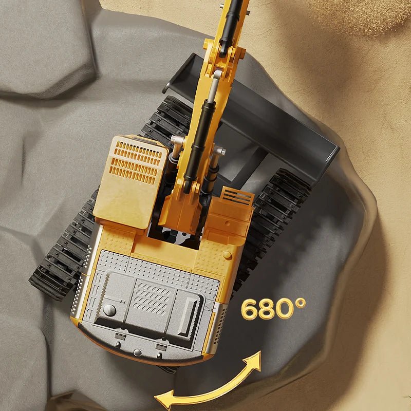 Children's RC excavator, a sturdy metal alloy toy with lights, sounds, and full remote control.