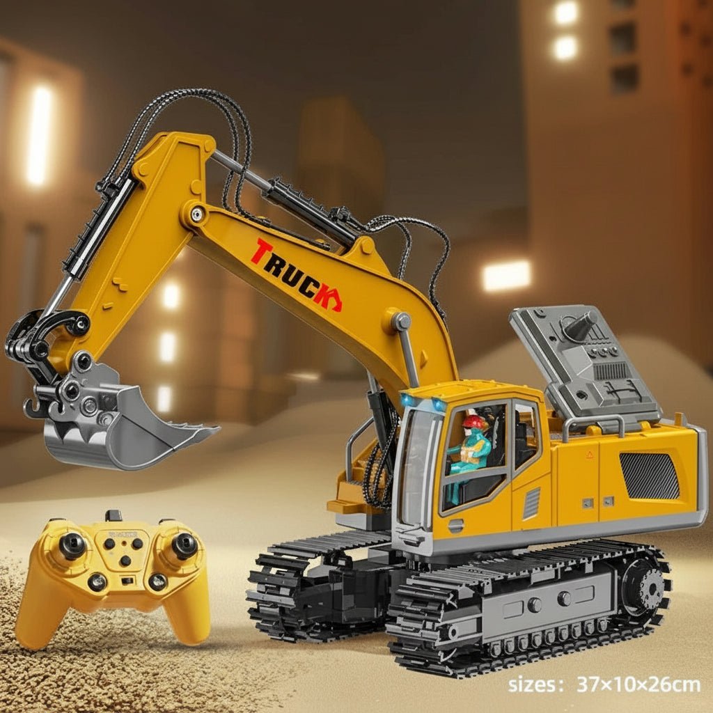 Kids' remote control alloy excavator, a durable toy with realistic lights & engine sound effects.