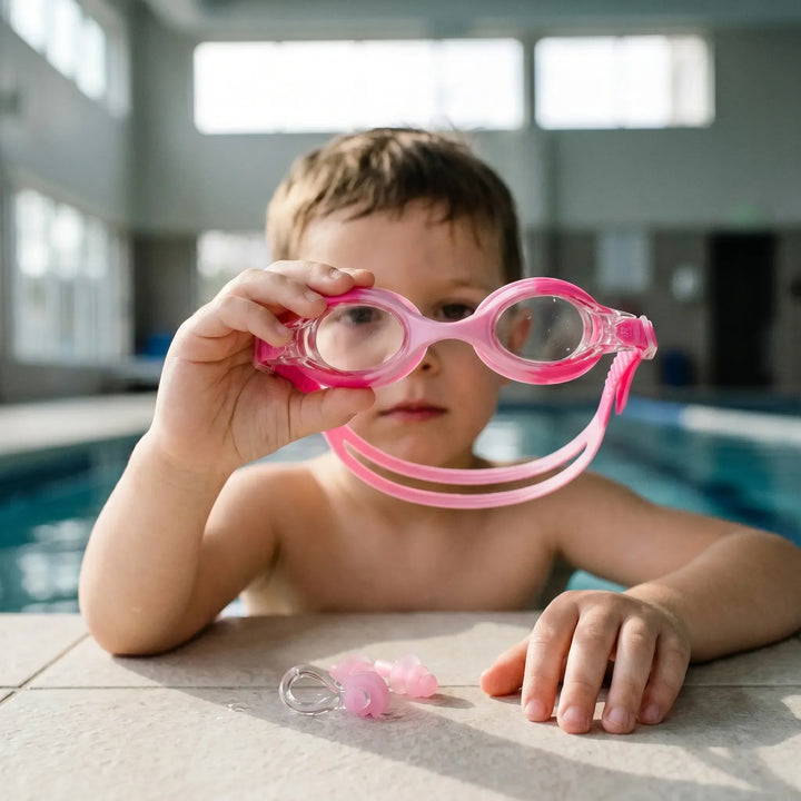 Kids' anti-fog swim goggles in vibrant blue for clear underwater vision during swimming lessons and water sports.