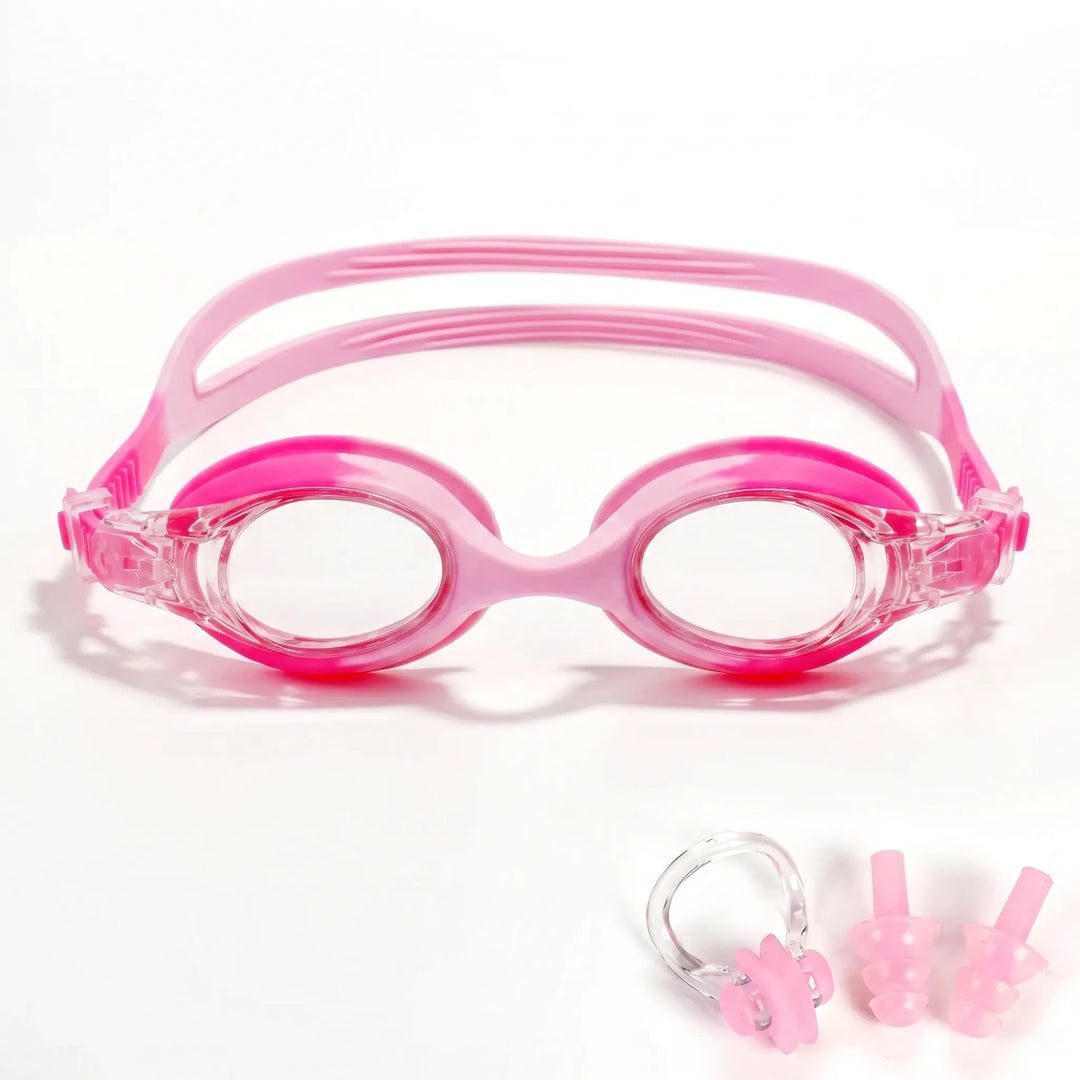 Close-up of kids' anti-fog swim goggles, showcasing the wide-view lenses perfect for clear underwater exploration.