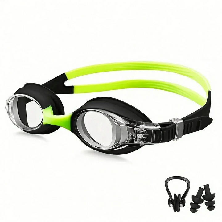 Pair of colorful kids' anti-fog swim goggles, an essential accessory for pool fun and developing swimming skills.