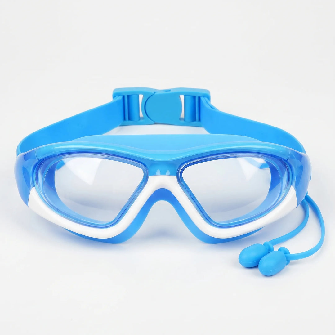 Blue kids' anti-fog swim goggles showing adjustable strap and secure fit for comfortable water play.