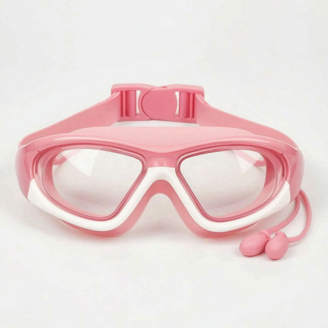 Young swimmer wearing colorful anti-fog swim goggles for children, ensuring clear vision and sun protection.