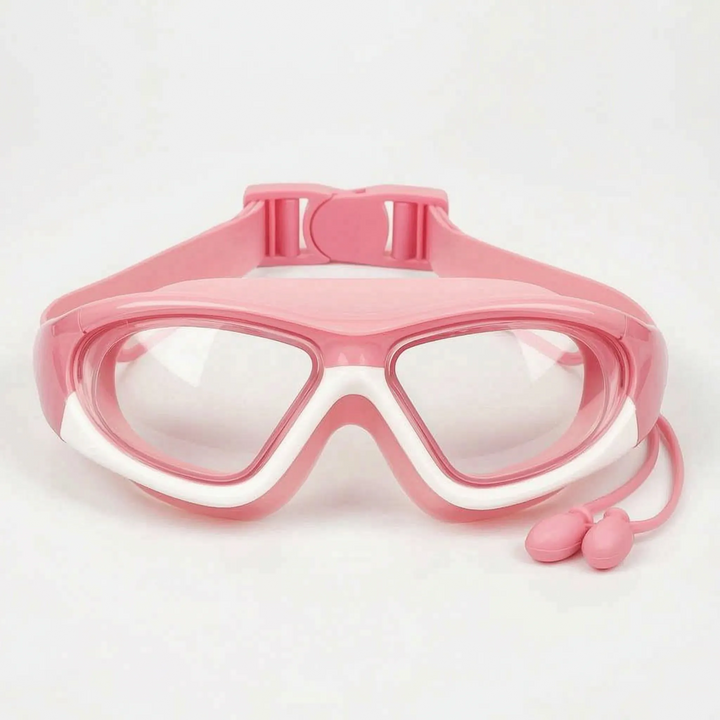 Young swimmer wearing colorful anti-fog swim goggles for children, ensuring clear vision and sun protection.