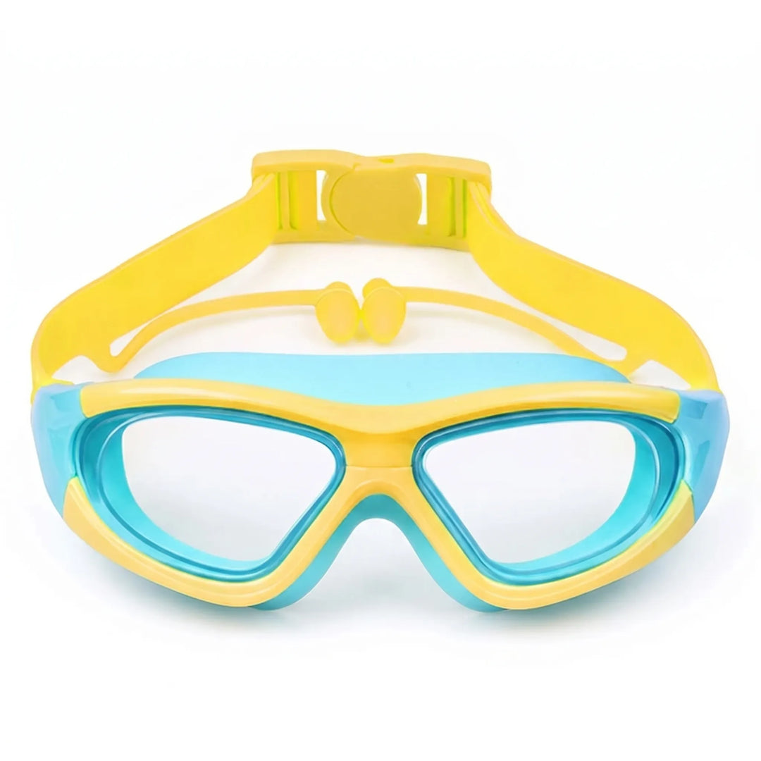 Pair of kids' anti-fog swim goggles with flexible nose bridge and quick-adjust buckle for active children.