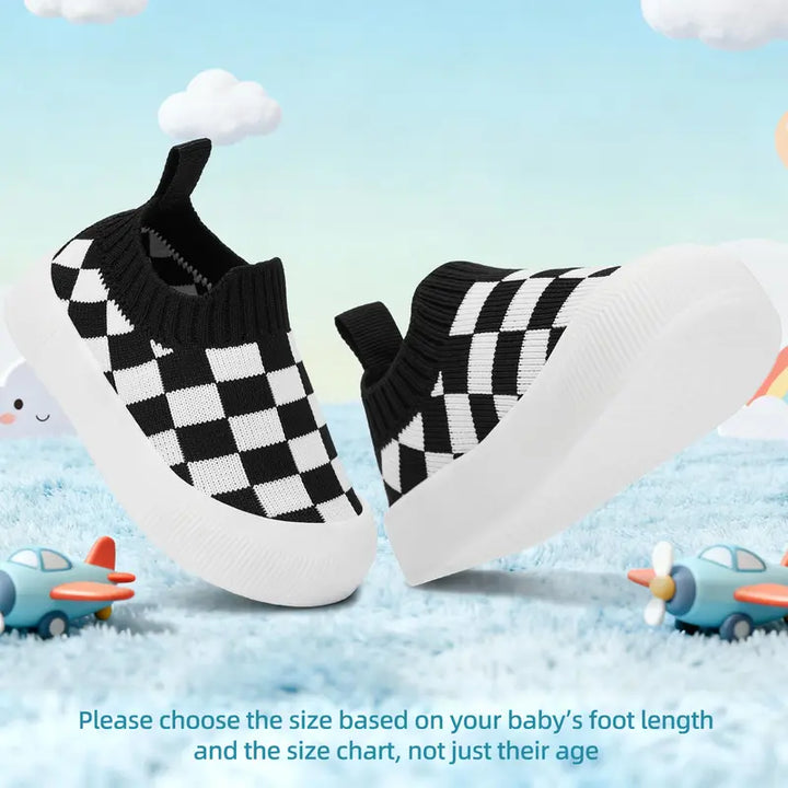 Cute baby checkered slip-on shoes, flexible & easy-to-wear toddler footwear for stylish little feet.