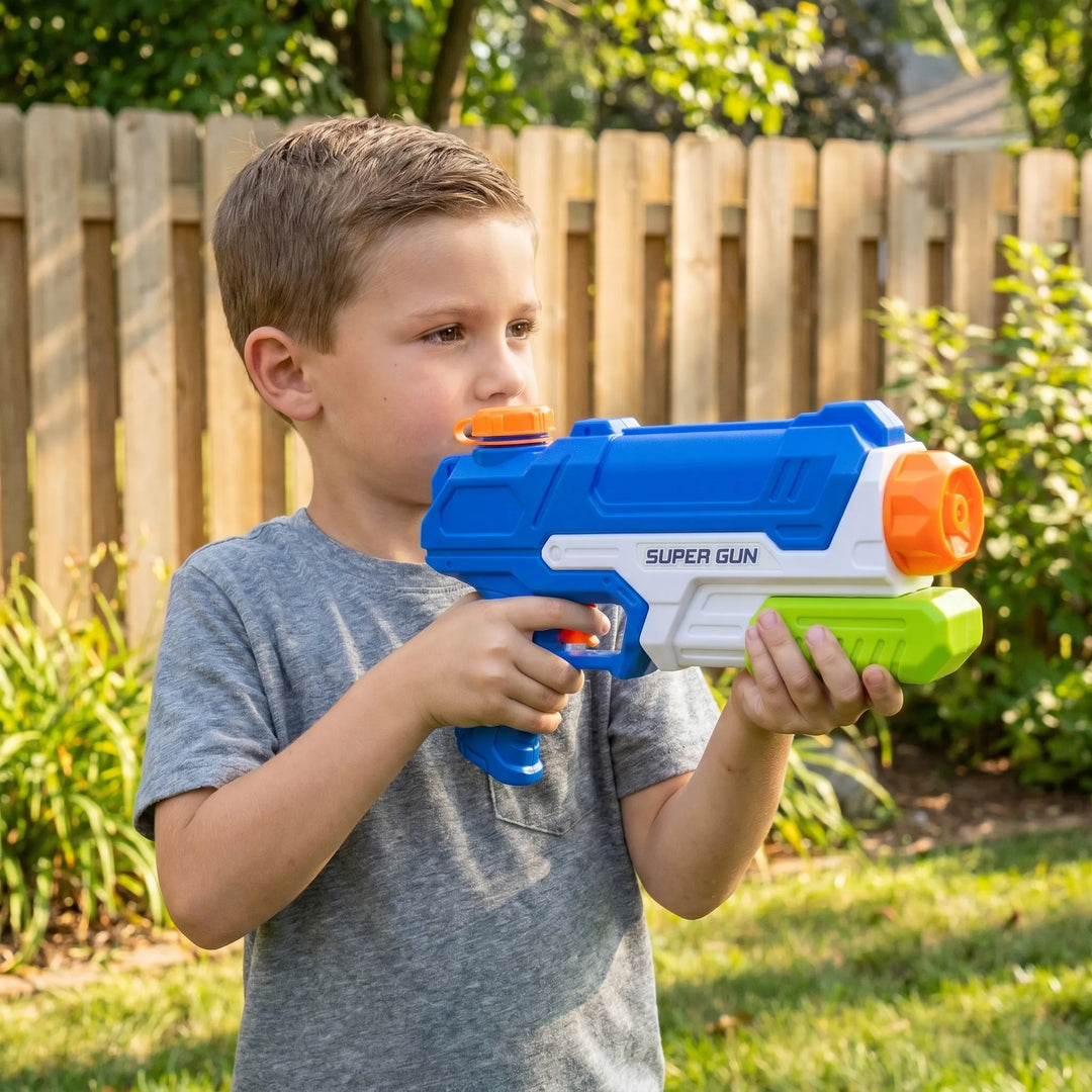 Kids' blue pump-action water blaster toy. Perfect for outdoor summer fun, backyard water games & drenching play.