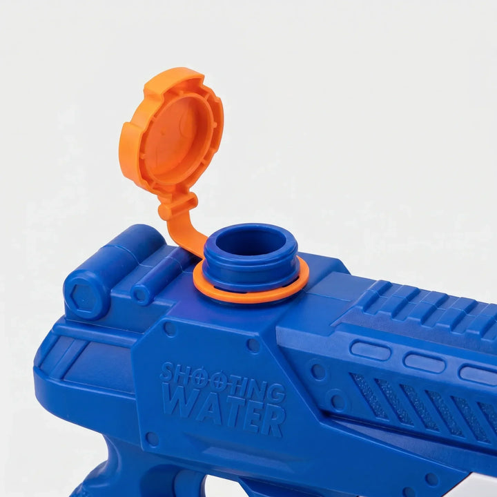 Children playing with a red pump-action water blaster, enjoying outdoor summer water fun & family games.
