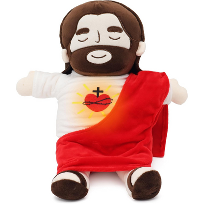 Stuffed Jesus animal with breathing feature, a comforting plush for children's sleep.